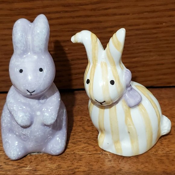 2 sets Purple & Peach Striped Quilted Bunny Mini Salt & Pepper Shakers rabbit - Picture 3 of 10